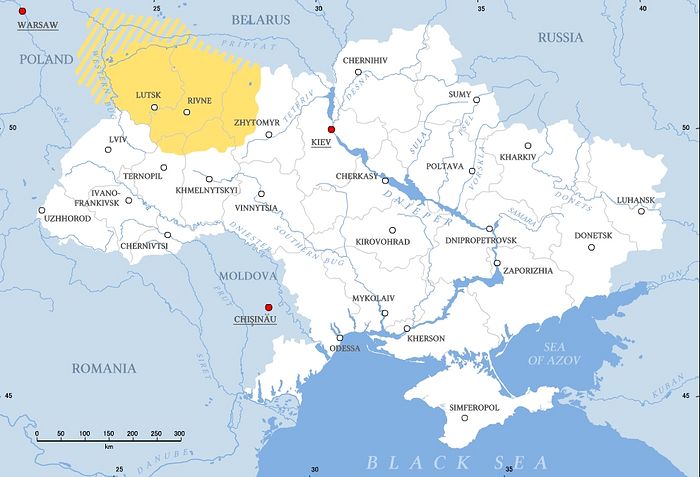 Volhynia roughly corresponds to the area in yellow. Photo: Wikipedia