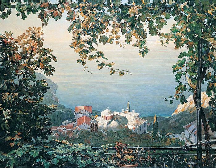 Vasily Nesterenko (1967, Russia, Pavlograd). St. Anne's Skete on Mount Athos. Oil on canvas, 1997