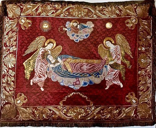Sinai tapestry of Saint Catherine crowned as a Holy Martyr by Christ while being attended by Holy Angels