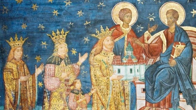 Храмоздатель св. Стефан Великий с семейством. Фреска, монастырь Путна, 1488 г.