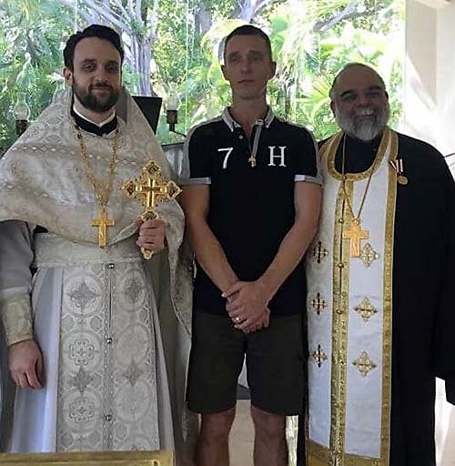 The newly-baptized Dmitry Sukharov with Fr. Mark Rashkov and Fr. Kyrill Chakon. Photo: blagovest-info.ru