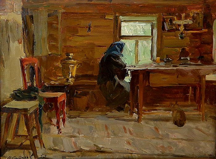Бабушка у окна. Дожди. Художник: Валентин Сидоров. 1953