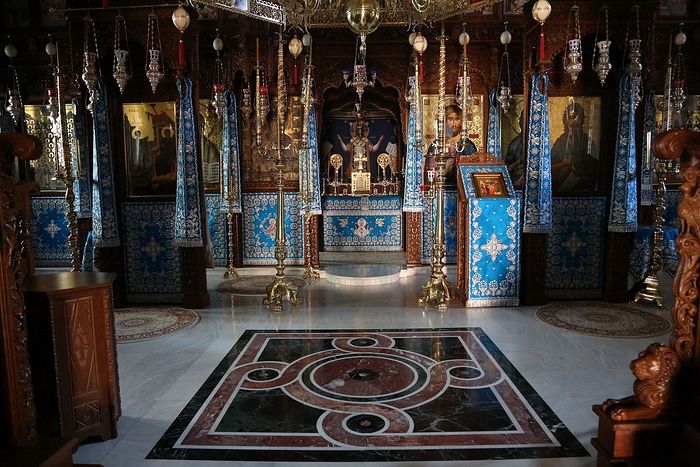 The monastery church bedecked in blue, the color of the Mother of God