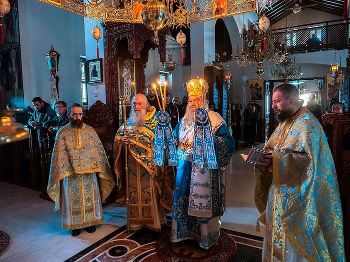 Metropolitan Athanasios, Abbot Archimandrite Paisios, and Elder Zacharias concelebrating the Liturgy