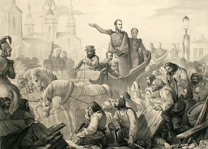 Николай I во время холерного бунта на Сенной площади