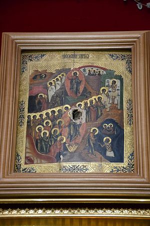 Η εικόνα της Ανάστασης τού Χριστού που πυροβολήθηκε από τον νεο – παγανιστή. Καθεδρικός ναός τής Ανάστασης τής Γιούζνο – Σαχαλίνης. Φωτογραφία: Αντόν Ποσπέλοφ / pravoslavie.Ru