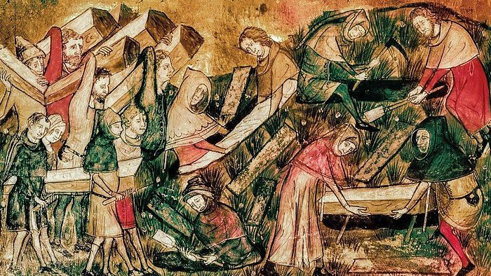 Похороны жертв чумы в Турне из Хроник Гилля Майзета, XIV век