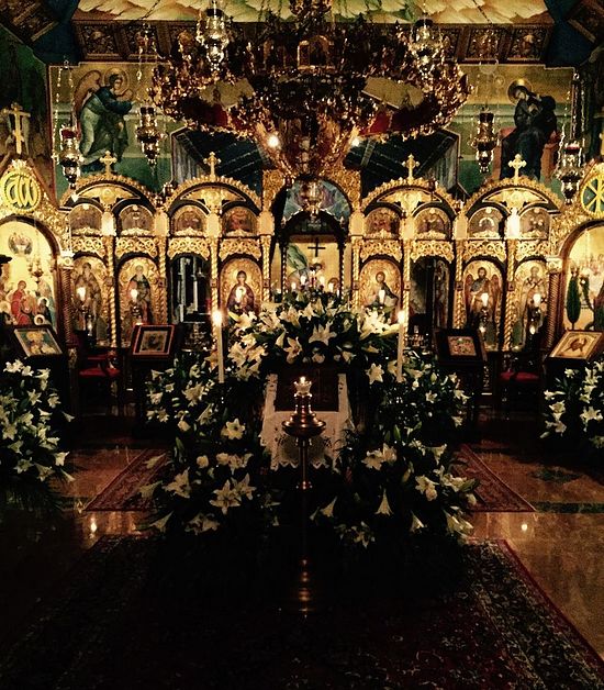 The church at St. Sabbas decorated for Holy Pascha