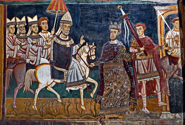 Константин I ведёт под уздцы коня, на котором восседает папа Сильвестр I — фреска капеллы Сан-Сильвестро в римском монастыре Санти-Куаттро-Коронати. До 1247 года