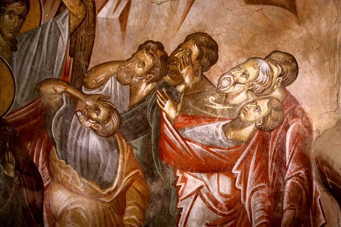 Вознесение Господне. Фреска церкви Святого Георгия в монастыре Убиси, Грузия. XIV век. Иконописец Герасиме. Фрагмент