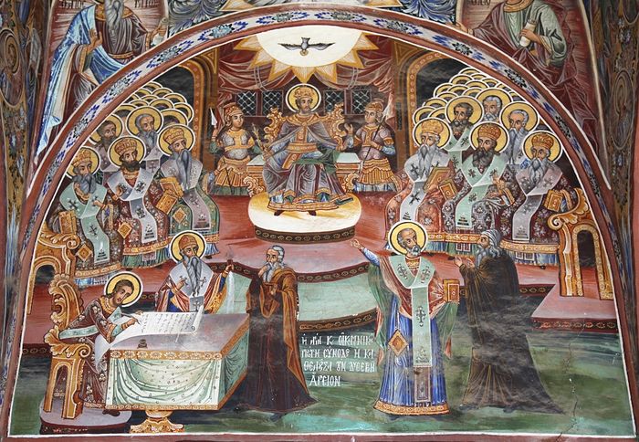 Fresco depicting the First Ecumenical Council in the narthex of the Church of Saint Athanasius the Athonite in the Great Lavra on Holy Mount Athos. Photo: United European Christendom.
