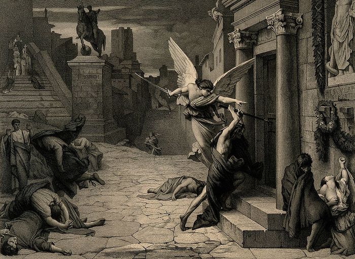 Ангел смерти пробивает дверь во время чумы в Риме; гравюра