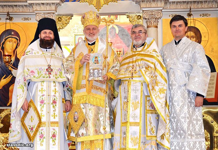 The defrocked Alexander Belya (left), with Abp. Elpidophoros (center), and the suspended Alexander Belya (second from right). Photo: slavonic.org