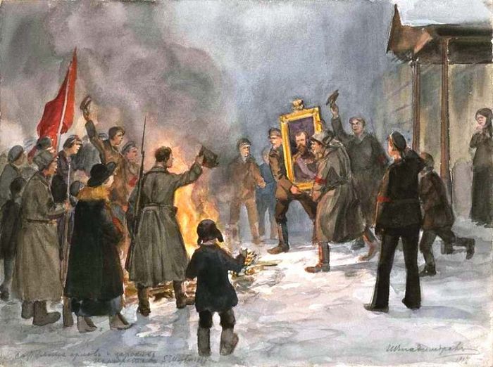 Revolutionaries burning the Tsar’s portrait in 1917. Artist: Ivan Alekseevich Vladimirov (1869-1947)