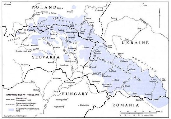Rusyn lands shown in blue over a map of Eastern-Central Europe