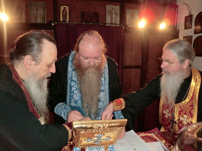 Preparing a reliquary with the relics of the Royal Family in the altar of the Cathedral of the Holy New Martyrs and Confessor of Russia and St. Nicholas the Wonderworker in Munchen. December, 2010.