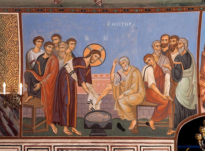 Christ Washing the Disciples’ Feet. Fresco in the lower Church of the Three Holy Hierarchs at Kulishki, Moscow