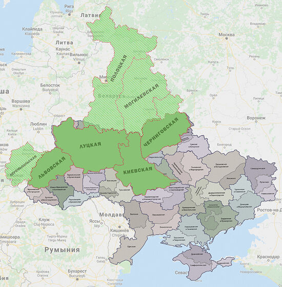 The Kievan Metropolia (in Green) in the seventeenth century imposed over modern borders. We see the territory of the Metropolia included a large portion of what is today Belarus, as well as parts of Poland, and included less then half of modern Ukraine.