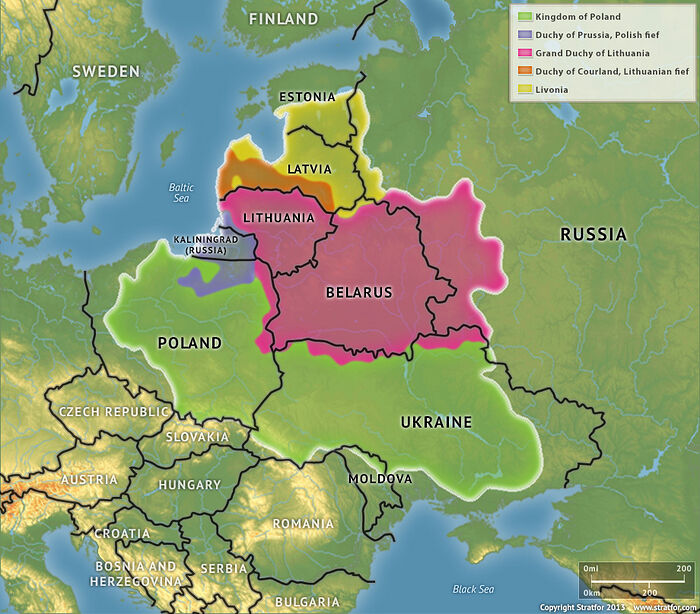 The Polish Lithuanian Commonwealth imposed over modern borders. A large portion of the commonwealth, in the east, was Orthodox; Orthodoxy was actually a major religion in Poland at the time. Photo: Stratfor.com