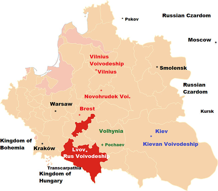 The Internal Provinces, also called Voivodeships or Palatinates of the Polish-Lithuanian Commonwealth. The Russian Palatinate or Województwo Ruskie, also called the Ruthenian Voivodeship with its capital Lvov is highlighted in red (Rus Voivodeship). The Belarusian territories incorporated into the Lithuanian portion of the Commonwealth such as Novohrudek and Brest are noted above in red text. The Capital Krakow is on the far left. The modern capitals of Poland and Ukraine, Warsaw and Kiev respectively are also noted. Father Constantine notes the Unia was initially stronger in Brest, Novohrudek, and the northern territories, whereas Lvov and Volhynia were known for strong Orthodox brotherhoods.