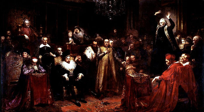 The Sermon of the Jesuit Peter Skarga (standing preaching on the right) to the Polish “Jesuit King” Sigismund III Vasa, who is seated to the left. Painting by Jan Matejko. Photo: Wikipedia