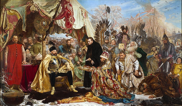 Polish King Stephen Báthory at the siege of Pskov by painter Jan Matejko. Jesuit Antonio Possevino (center in black robe) is blessing offerings from Russians on their knees to the Polish King. Note, the Russians eventually successfully defended Pskov, which never actually fell in the siege. Photo: Wikipedia