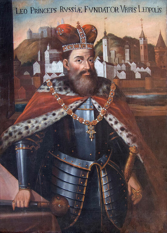 King Leo of Galicia, the namesake of the city of Lvov or Leopolis behind him. Note the title Princeps Russiae, and his dress, which although is anachronistic, reflects the Westernized trend in Galicia; whereas some Cossack dress was very influenced by Sarmatianism or even more outright local Turkic customs.