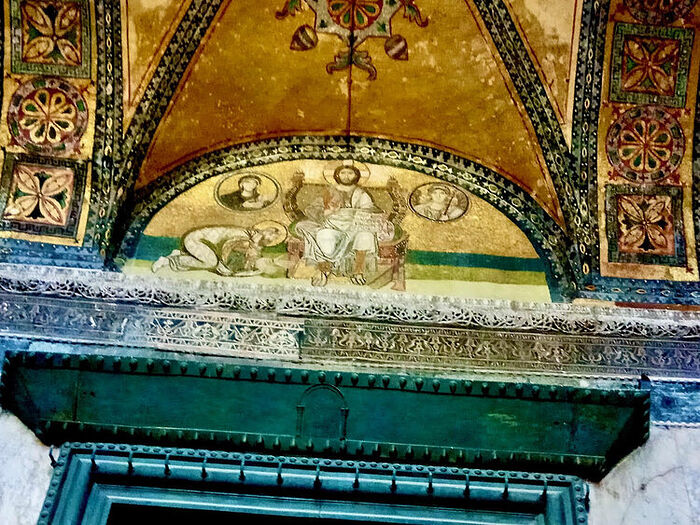 Above the main portal to Hagia Sophia, the builder of St. Catherine’s Monastery, Saint Justinian, offers the Church of the Wisdom of God to Christ.