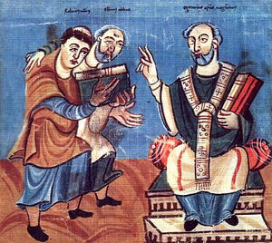 Рабан Мавр (слева) и Алкуин (в центре) подносят свои книги епископу Отгару Майнцскому