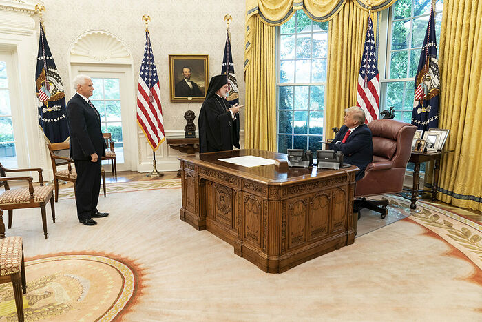 Abp. Elpidophoros met with President Trump and Vice President Pence in June. Photo: anamniseis.net