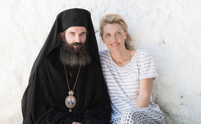 Director Yelena Popovic and actor Aris Servetalis, who plays St. Nektarios. Photo: Marilena Anastasiadou