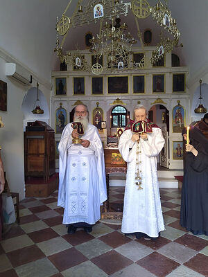 Служение литургии. Слева отец Момчило Глоговац, справа отец Димитрий Таланкин справа