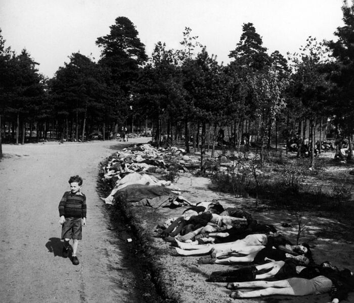 A German boy walks along a road where lie the corpses of hundreds of prisoners who died in the Bergen-Belzen concentration camp