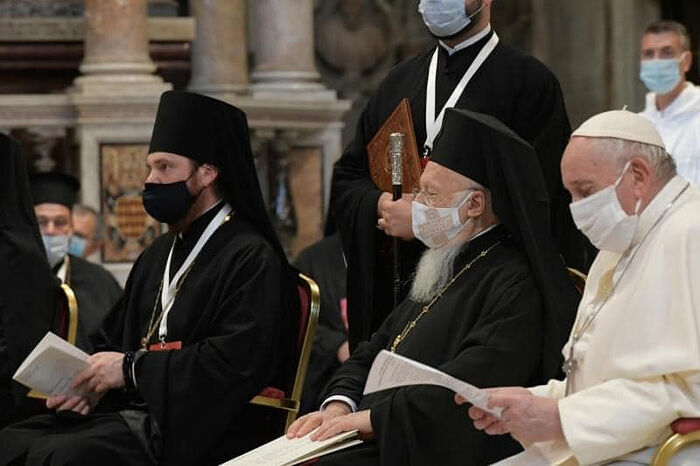 Pope Francis (right), Pat. Bartholomew (center), and Bp. Ambrose of Bogorodsk (left) were among the participants in an ecumenical prayer service yesterday. Photo: Facebook