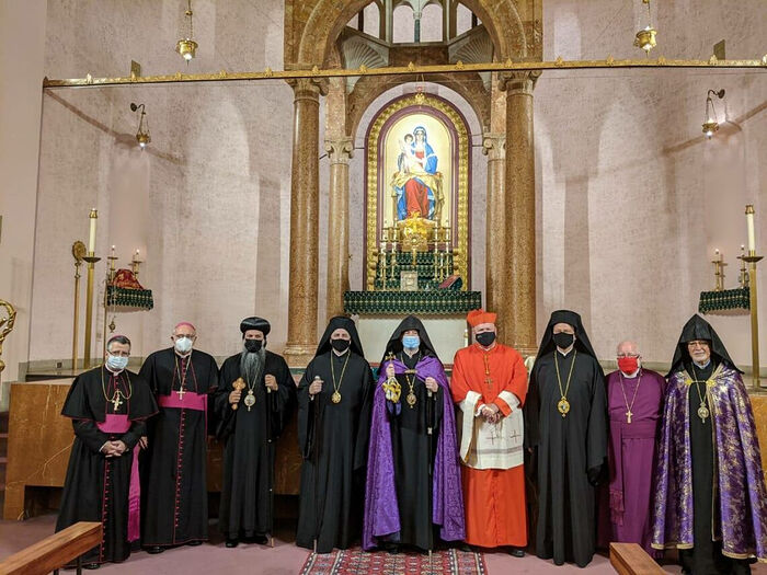 Abp. Elpidophoros is 4th from the left, and Bp. Irinej is third from the right. Photo: Facebook