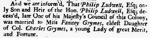 Объявление о свадьбе Филиппа Ладвелла в газете «Virginia Gazette», июль 1737 г.