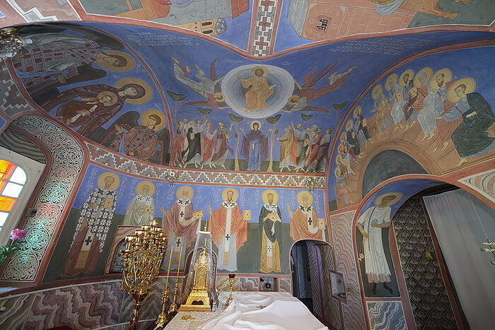 Painting of the Trinity Cathedral at the St. Pachomius monastery in Nerekhta.