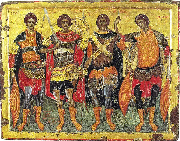Четыре святых воина (слева направо): Димитрий, Георгий, Артемий и Прокопий. 1618 г. Монастырь Хиландар на Афоне.