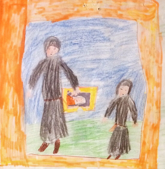 Детский рисунок - монахи с иконой