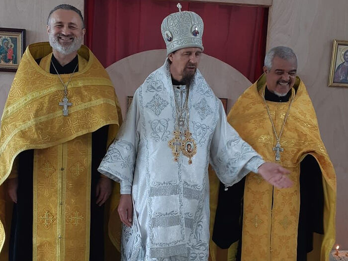 Bp. Isaac with Frs. Raphael and Nenad