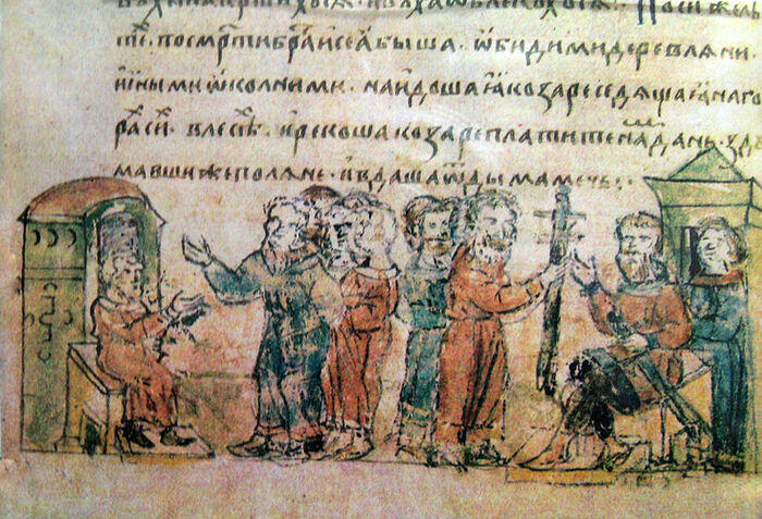 Дань полян хазарам, миниатюра Радзивилловской летописи, XV век