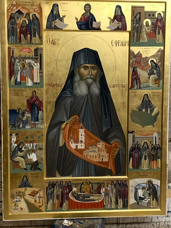 An icon of Elder Ephraim showing the miracle on the plane in the bottom-right corner. Photo: http://full-of-grace-and-truth.blogspot.com