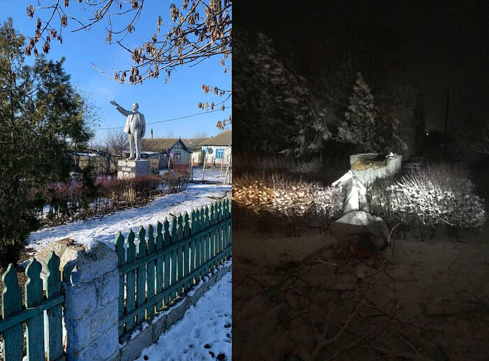 Before and after: the Lenin monument in Stari Troyani. Photo: Facebook