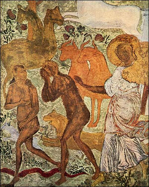 Expulsion of Adam and Eve. Fresco in Church of John The Baptist in Rotshenie, Russia