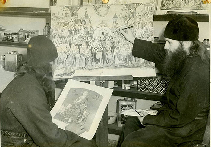 Отец Киприан (Пыжов) наставляет Алипия (Гамановича) в иконописи, 1946
