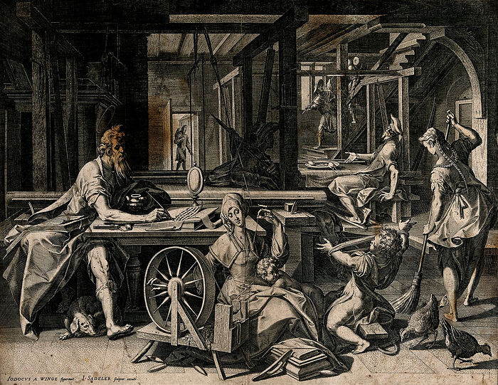 St. Paul is staying in the house of Aquila and his wife Priscilla, the family are making tents and St. Paul is writing. Engraving by J. Sadeler after Jodocus Winghe. Photo: wikipedia.org