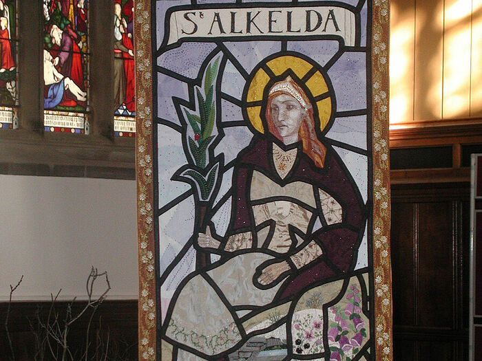 St. Alkelda embroidered banner at church in Giggleswick, by Barbara Thornton (kindly provided by Kathleen Kinder)