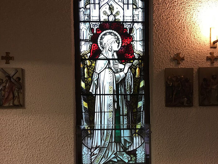 St. Alkelda of Middleham window at RC church in Settle, N. Yorkshire (photo by Margaret Fox, kindly provided by Kathleen Kinder)