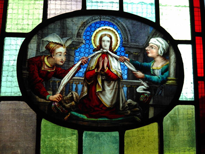 Stained glass depicting St. Alkelda_s martyrdom at the Church of Sts. Mary and Alkelda in Middleham, N. Yorkshire (provided by co-rector of the church in Middleham)