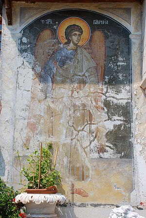 Τοιχογραφία που απεικονίζει τον Αρχάγγελο Γαβριήλ στην είσοδο της Μονής Δοχειαρίου (το μοναστήρι είναι αφιερωμένο στους Αρχαγγέλους Μιχαήλ και Γαβριήλ). Άγιο Όρος. Φωτογραφία: A. Ποσπέλοφ / Pravoslavie.Ru